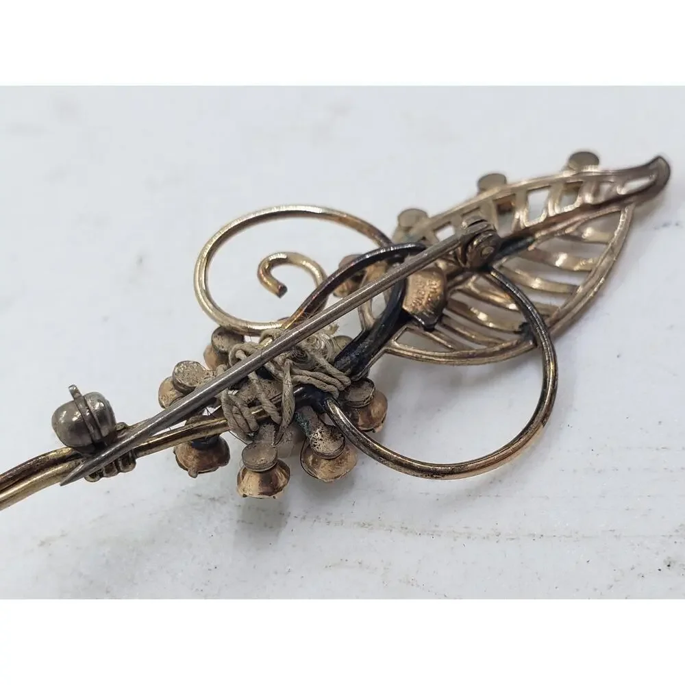 Vintage Van Dell 1/20 12K GF Gold Filled Rhinestone Pearl Leaf Floral Brooch Pin